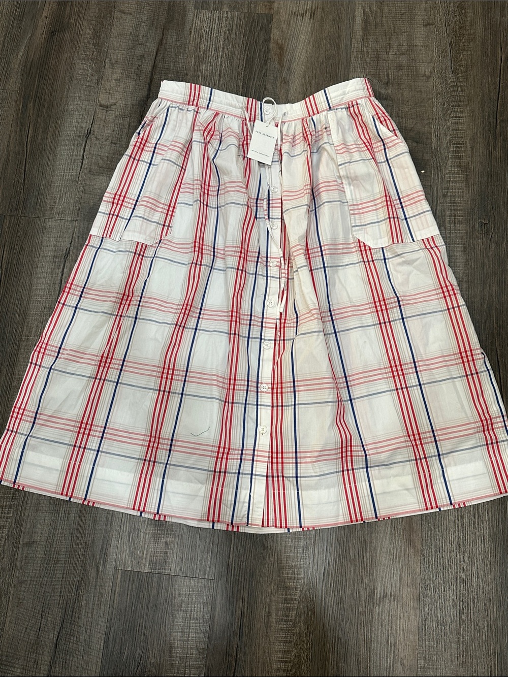 Women’s Free Assembly White Plaid Button-Front Skirt with Red & Blue Stripes